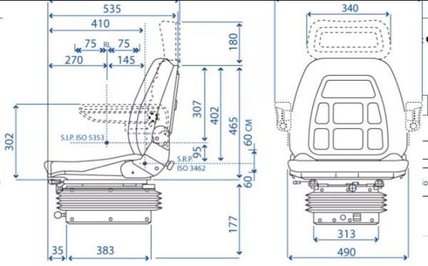 Sedile SC 95 in stoffa base piana con guide e molleggio ad aria largo