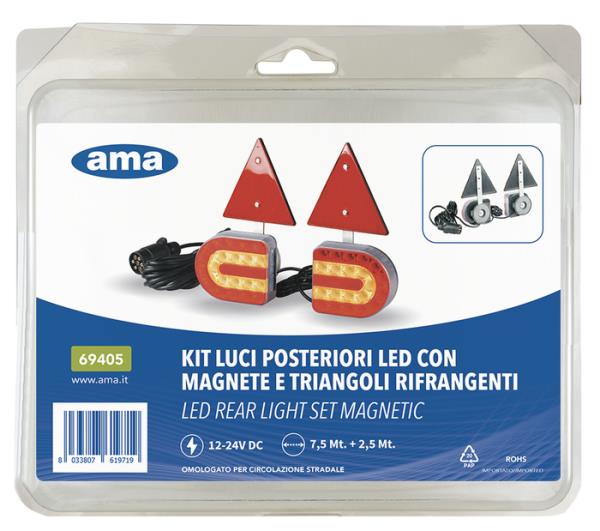 Kit magnetico luci posteriori led 12-24V | Triangoli | Cavo 7,5m + 2,5m