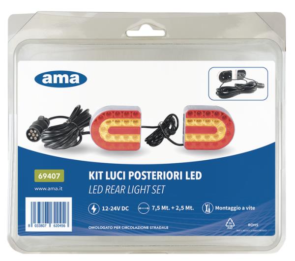 Kit luci posteriori led 12-24 Volt | Cavo 7,5 m + 2,5 m