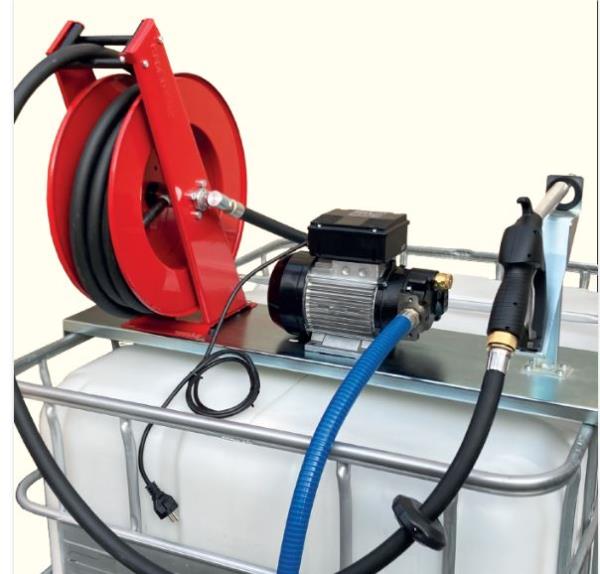 Elettropompa per olio per fusti da 1000 litri IBC con avvolgitubo