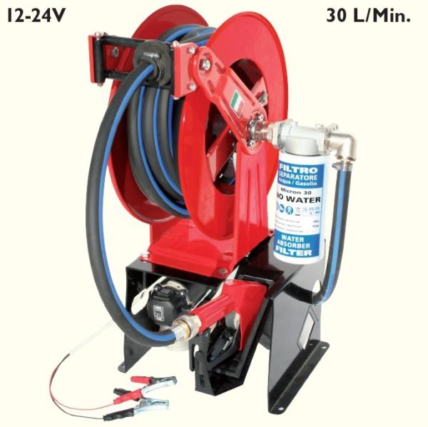 Elettropompa 12 V per gasolio con avvolgitubo automatico 30 l/min