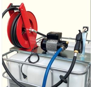 Elettropompa per olio per fusti da 1000 litri IBC con avvolgitubo